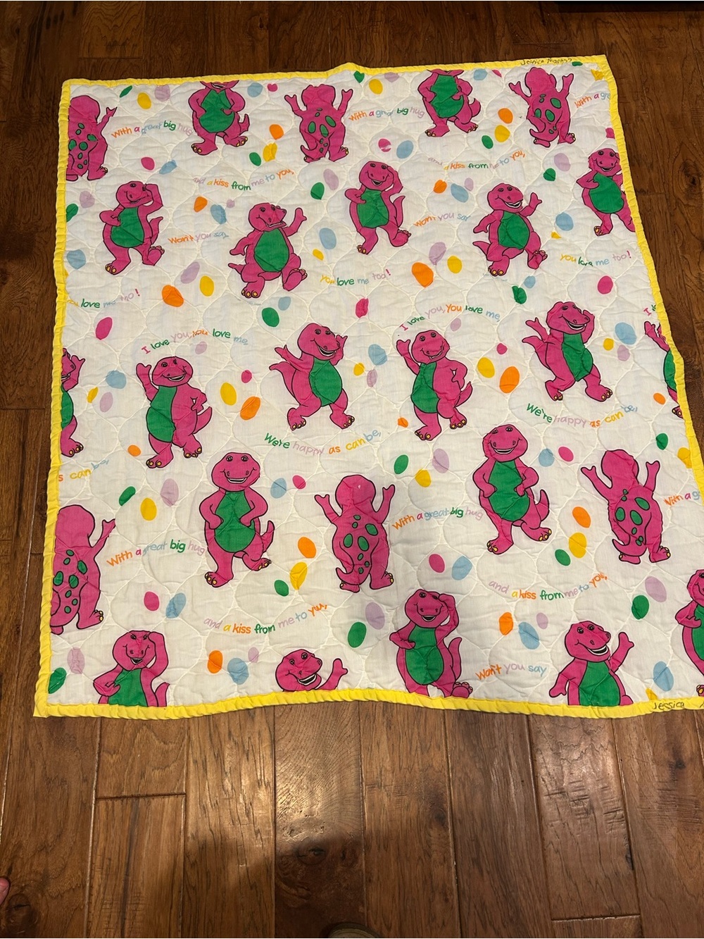 vintage 1992 Barney the Dinosaur crib quilt blanket